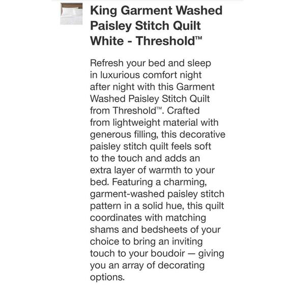 #596 King Beautiful Stitch Quilt- White 104 x 92 Threshold New - Picture 4 of 4